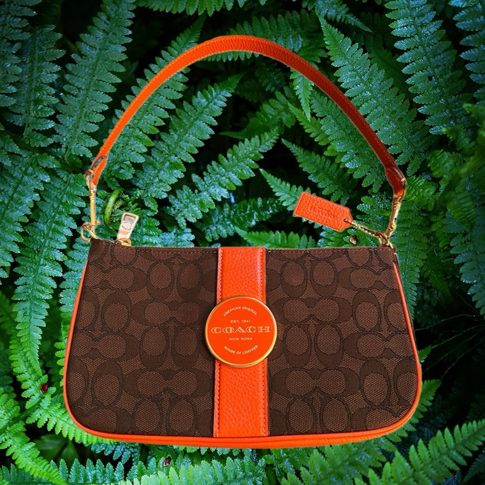 Coach Brown and Orange Shoulder Bag with Monogram Pattern